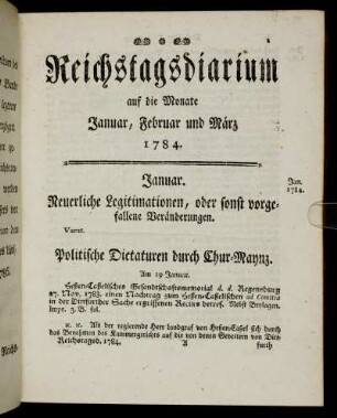 Reichstagsdiarium auf die Monate Januar, Februar und März 1784.