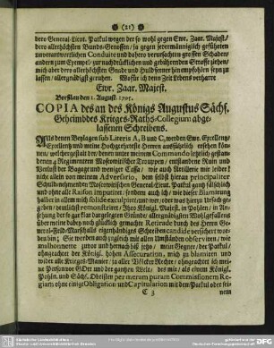 Copia des an des Königs Augustus Sächs. Geheimbdes Krieges-Raths-Collegium abgelassenen Schreibens