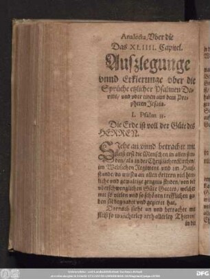 Das XLIIII. Capitel. Auszlegunge vndd Erklerunge vber die Sprüche etzlicher Psalmen Davids/ vnd vber einen aus dem Propheten Jesaia.