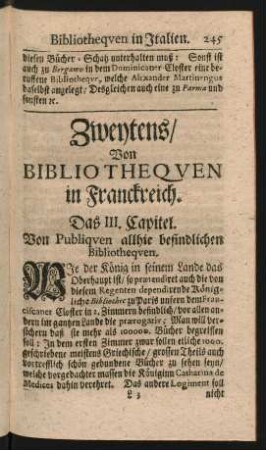 Zweytens/ Von Bibliothequen in Franckreich.