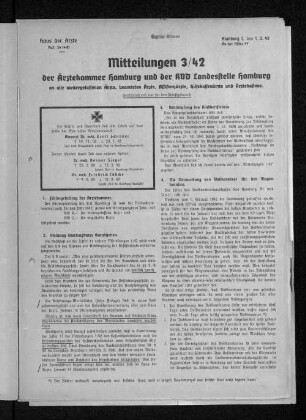 Mitteilungen 3/42 der Ärztekammer Hamburg und der KVD Landesstelle Hamburg an alle niedergelassenen Ärzte, beamteten Ärzte, Assistenzärzte, Hilfskassenärzte und Ärztekasinos.
