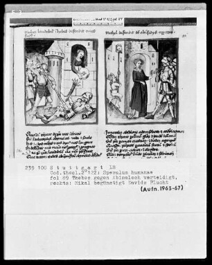 Zwei Schriften — Speculum humanae salvationis — Textseite mit zwei Miniaturen, Folio 89recto