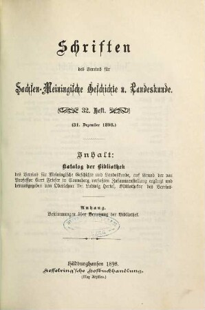 Katalog der Bibliothek des Vereins für Meiningische Geschichte und Landeskunde