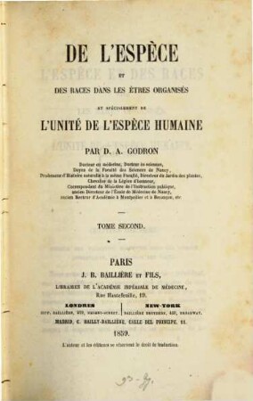 De l'espèce et des races dans les êtres organisés et spécialement de l'unité de l'espèce humaine, 2