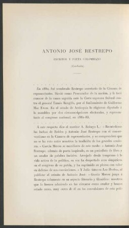 Antonio José Restrepo - (Conclusión) : Escritor y poeta colombiano