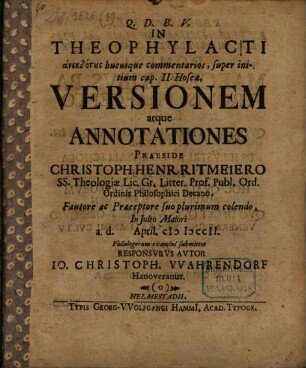 In Theophylacti Anekdotus hucusque commentarios, super initium cap. II. Hoseae, versio atque annotationes