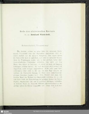I. Rede des abtretenden Rectors Dr. jur. Bernhard Windscheid : Bericht über das Studienjahr 1884/85