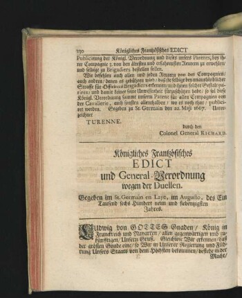 Königliches Französisches Edict und General-Verordnung wegen der Duellen. [1679]