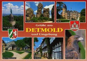 Postkarte: Grüße aus Detmold und Umgebung. Hermanns-Denkmal, Externsteine, Schloß, Adlerwarte, Adolfstraße, Westf. Freilichtmuseum
