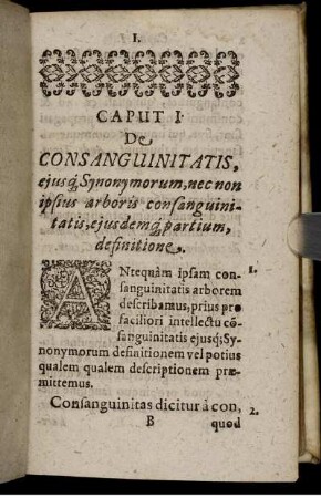 Caput I. De Consanguinitatis, eiusq[ue] Synonymorum, nec non ipsius arboris consanguinitatis, eiusdemq[ue] partium, definitione