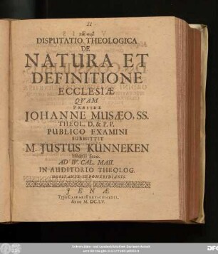 Disputatio Theologica De Natura Et Definitione Ecclesiae