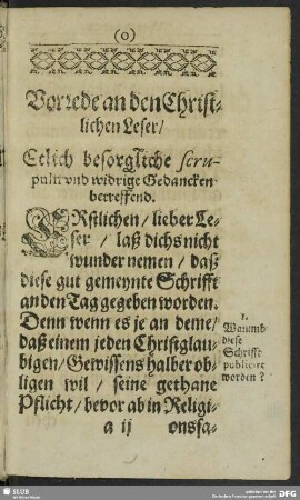 Vorrede an den Christlichen Leser, etlich besorgliche scrupuln und widrige Gedancken betreffend