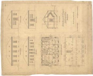 Billing, Hermann; Singen; Krankenhaus - Isoliergebäude, Fassaden (Ansichten); Grundriss EG; Grundriss Keller; Querschnitt