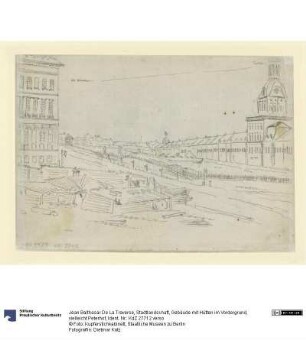 Stadtlandschaft, Gebäude mit Hütten im Vordergrund, vielleicht Peterhof