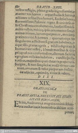 Oratio XIX. Oratiuncula De Praestantia, Necessitate Etutilitate Scholarium