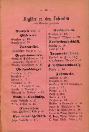 Register zu den Inseraten nach Branchen geordnet