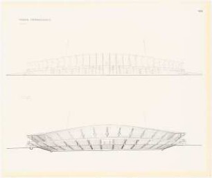 Stadion Oberwiesenfeld, München: Mappe »Wettbewerb Stadion München, Entwurf Professor Werner March«. Außenansicht Ost und Schnitt Nord-Süd mit Innenansicht West, ca. 1:660