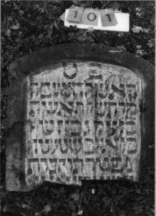 Grabstein 101 (Index: 99792182) Material: Sandstein Zustand: verwittert, unterer Teil der Stele fehlt, Stele liegend Maße HxBxT: 69x71x7 cm Beschreibung: Stele, Segmentbogenabschluß, Schriftfeld eingetieft: Grabstein 101