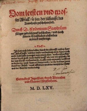 Vom letsten vnd grossen Abfall, so vor der zukunfft des Antichristi geschehen soll