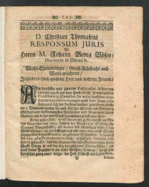 D. Christian Thomasens Responsum Juris An Herrn M. Johann Georg Bösen