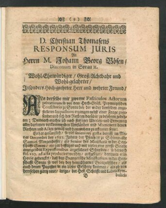 D. Christian Thomasens Responsum Juris An Herrn M. Johann Georg Bösen