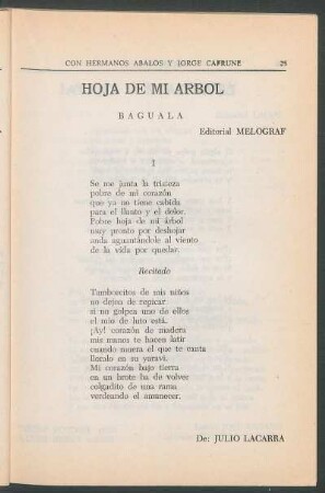 Hoja de mi árbol : Baguala. - Editorial Melograf