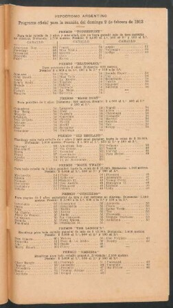 Hipódromo Argentino - Programa oficial para la reunión del domingo 2 de febrero de 1913