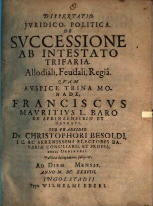 Dissertatio Jvridico-Politica. De Svccessione Ab Intestato Trifaria : allodiali, feudali, regia