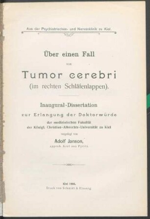 Über einen Fall von Tumor cerebri (im rechten Schläfenlappen)