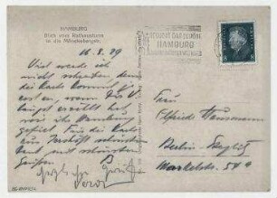Ansichtspostkarte von Johannes Baader mit Gruß von Vera Hausmann an Elfriede Hausmann. Hamburg