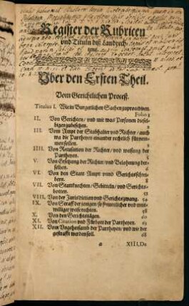 Register der Rubricen und Tituln diß Landrechtens. Der Erste Theil. - Der Vierdte Theil.