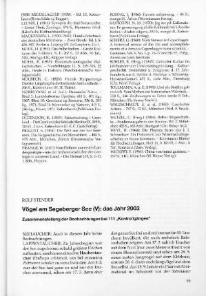 Vögel am Segeberger See (V): das Jahr 2003 : Zusammenstellung der Beobachtungen bei 111 "Kontrollgängen"