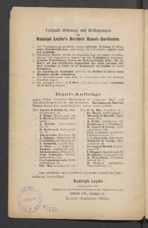 Verkaufs-Ordnung und Bedingungen für Rudolph Lepke's Berliner Kunst-Auctionen