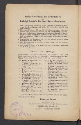 Verkaufs-Ordnung und Bedingungen für Rudolph Lepke's Berliner Kunst-Auctionen