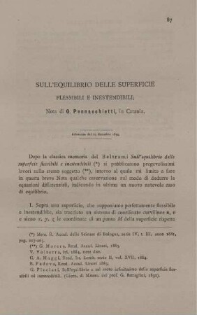 Sull´equilibrio delle superficie flessibili e inestendibili.
