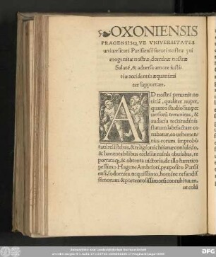 Oxoniensis Pragensisque Universitates universitati Parisiensi sorori nostrae primogenitae nostrae, dominae nostrae Salutem, & adversa amore iustitiae accidentia aequanimiter supportare.