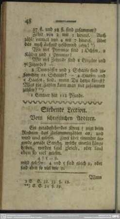 Siebente Lection. Vom schriftlichen Addiren