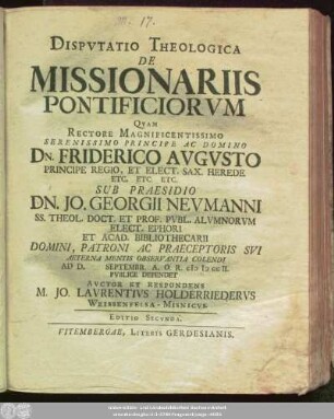 Dispvtatio Theologica De Missionariis Pontificiorvm