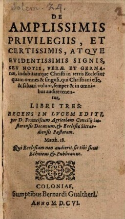 De ... privilegiis ... verae ecclesiae