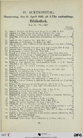 IV. Auktionstag: Donnerstag, den 11. April 1935, ab 3 Uhr nachmittags. Bibliothek (Nr. 731-1027)
