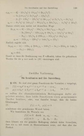149-161, Zwölfte Vorlesung. Die Resultanten und ihre Darstellung.