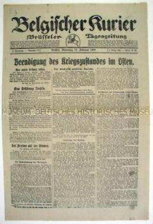 Deutsche Tageszeitung aus dem besetzten Belgien "Belgischer Kurier" u.a. zur Beendigung des Krieges gegen Russland (Frieden von Brest-Litowsk)