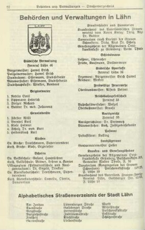 Behörden und Verwaltungen in Lähn/Alphabetisches Straßenverzeichnis der Stadt Lähn