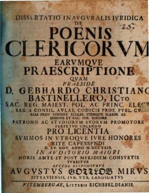 Dissertatio inavgvralis ivridica de poenis clericorvm earvmqve praescriptione