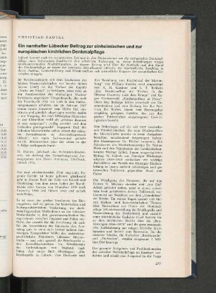 Ein namhafter Lübecker Beitrag zur einheimischen und zur europäischen kirchlichen Denkmalpflege.