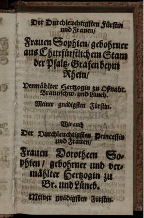 Widmung an Sophie, Herzogin zu Braunschweig und Lüneburg