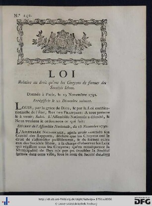Loi Relative au droit qu'ont les Citoyens de former des Sociétés libres.