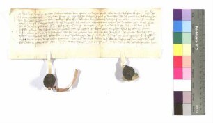 Mittwoch vor St. Johannis; Hans Wyße, Bürger zu Öhringen (Orengew) bekennt, dass er, nachdem er im Turm zu Öhringen (Orengew) gelegen war, sich in die Leibeigenschaft Albrecht's von Hohenlohe begibt; Siegel: Hans von Berlichingen, genannt Marlach und Eberhard von Berlichingen.