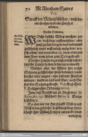 VII. Straff der Müntzfälscher, und deren, so ohne habende Freyheit müntzen