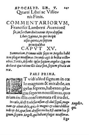 Commentariorvm, Francisci Lamberti Auenione[n]sis, in sanctam diui Ioannis Apocalypsim, Liber Quintus, In quo incipit uisio quinta, ex septem principalibus.